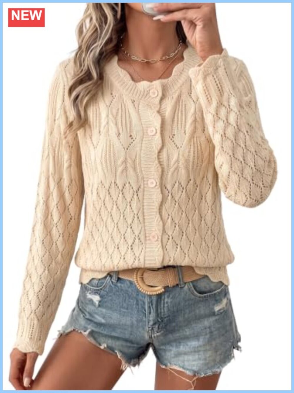 Womens Cardigan Sweater Long Sleeve Hollow Out Knit Button Down